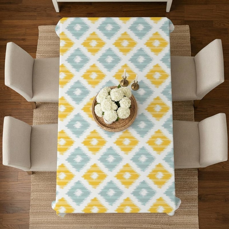 STITCHNEST Ikat Yellow Teal Printed Poly Cotton Table Cover (40x60 Inches) Rectangular - Image 4