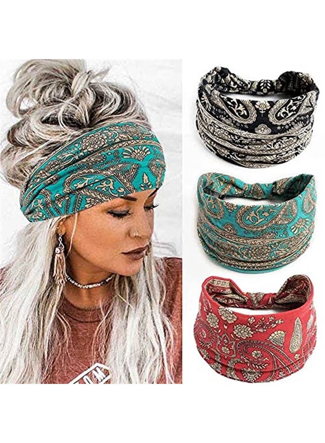 Aceorna Boho Bandeau Headbands Wide Knot Hair Scarf Floral Printed Hair Band Elastic Turban Thick Head Wrap Stretch Fabric Cotton Head Bands Thick Fashion Hair Accessories for Women Pack of 3 (Ornate) - Image 1