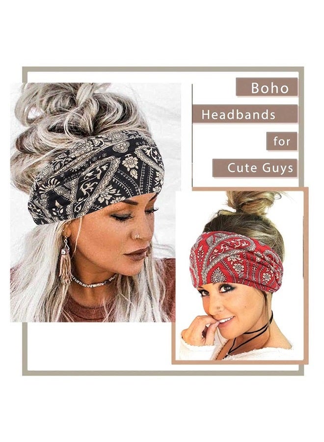 Aceorna Boho Bandeau Headbands Wide Knot Hair Scarf Floral Printed Hair Band Elastic Turban Thick Head Wrap Stretch Fabric Cotton Head Bands Thick Fashion Hair Accessories for Women Pack of 3 (Ornate) - Image 5