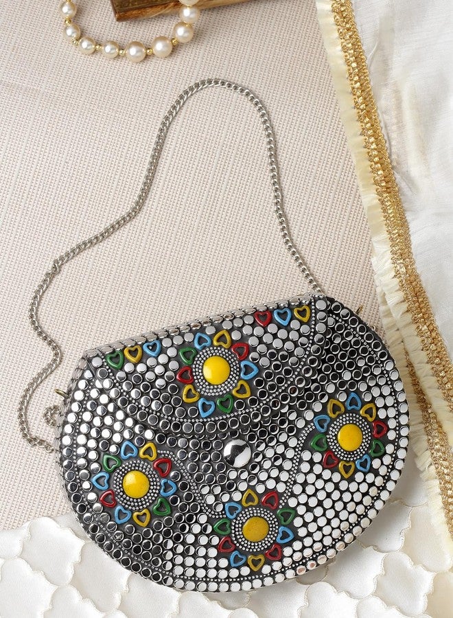 Anekaant Mosaic Silver & Multi Embellished Metal Clutch - Image 3