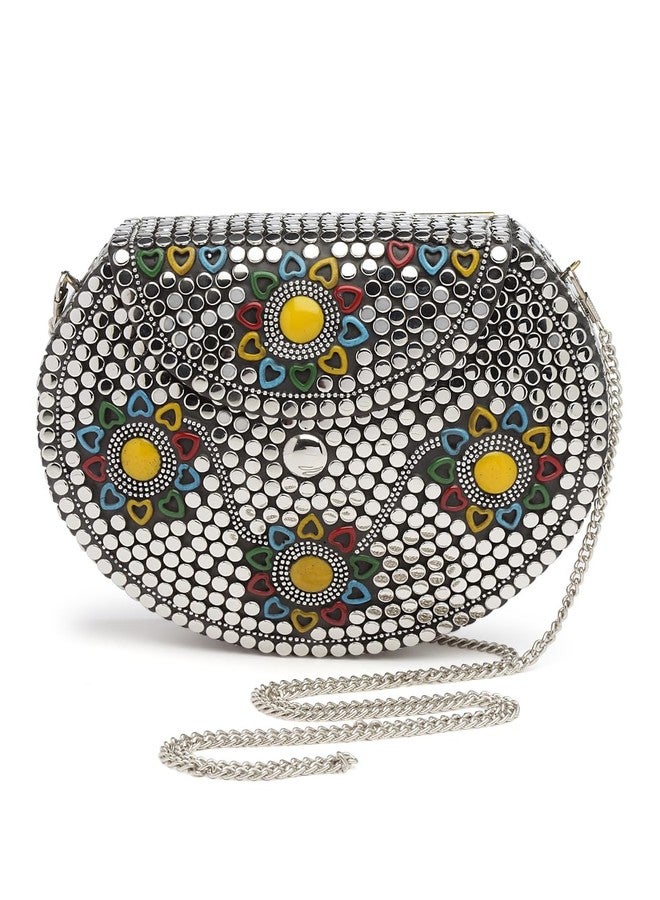Anekaant Mosaic Silver & Multi Embellished Metal Clutch - Image 1