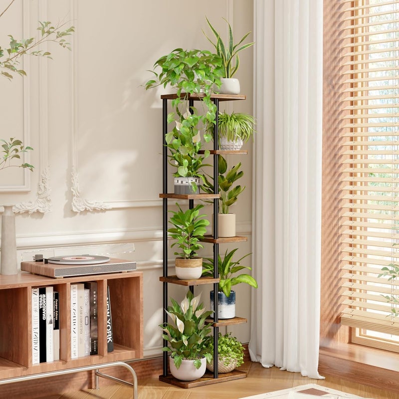 Bamworld Tall Plant Stand Indoor, 7 Tier Metal Plant Shelf for Multiple Plants, Tiered Flower Pot Stands for Patio Garden Balcony Living Room Bedroom, Brown - Image 1