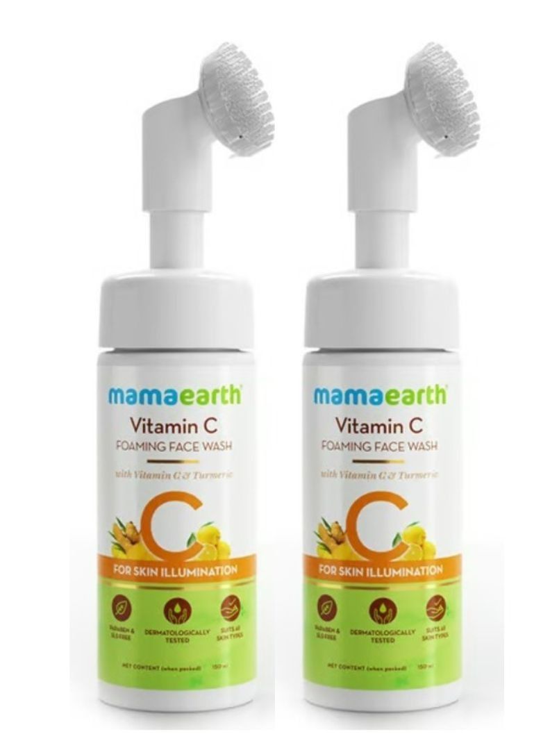 Mamaearth Vitamin C Face Wash with Foaming Silicone Cleanser Brush Powered by Vitamin C and Turmeric 150 ml, pack of 2 - Image 1