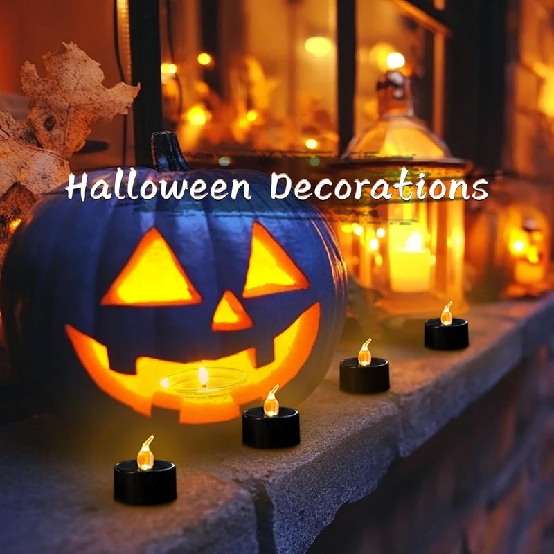 LANKER 24 Pack Black Tea Lights Candles, Flickering Warm Yellow Flameless LED Tealights, Long Lasting Battery Operated Fake Candles, Decoration for Wedding, Halloween and Christmas - Image 3