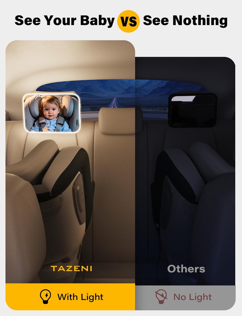 TAZENI Baby Car Mirror - LED Light Baby Car Seat Mirror for Rear Facing with 175° Wide Clear View Anti-Glare, 360° Rotation, Shatterproof, Crash Tested, Safety & Easy Install, espejo para carro bebe - Image 3