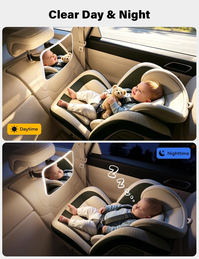 TAZENI Baby Car Mirror - LED Light Baby Car Seat Mirror for Rear Facing with 175° Wide Clear View Anti-Glare, 360° Rotation, Shatterproof, Crash Tested, Safety & Easy Install, espejo para carro bebe - Image 2