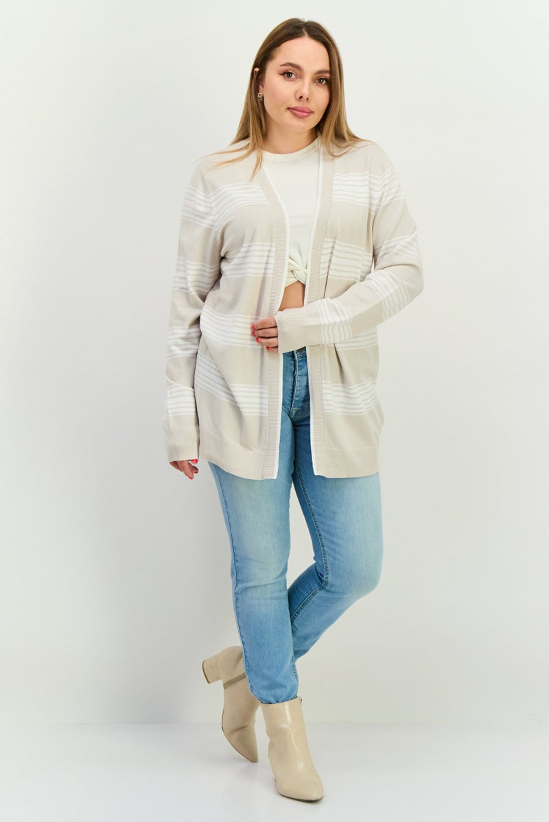 Verve Ami Women Split Neck Stripe Cardigan, Oatmeal Combo  - Image 4