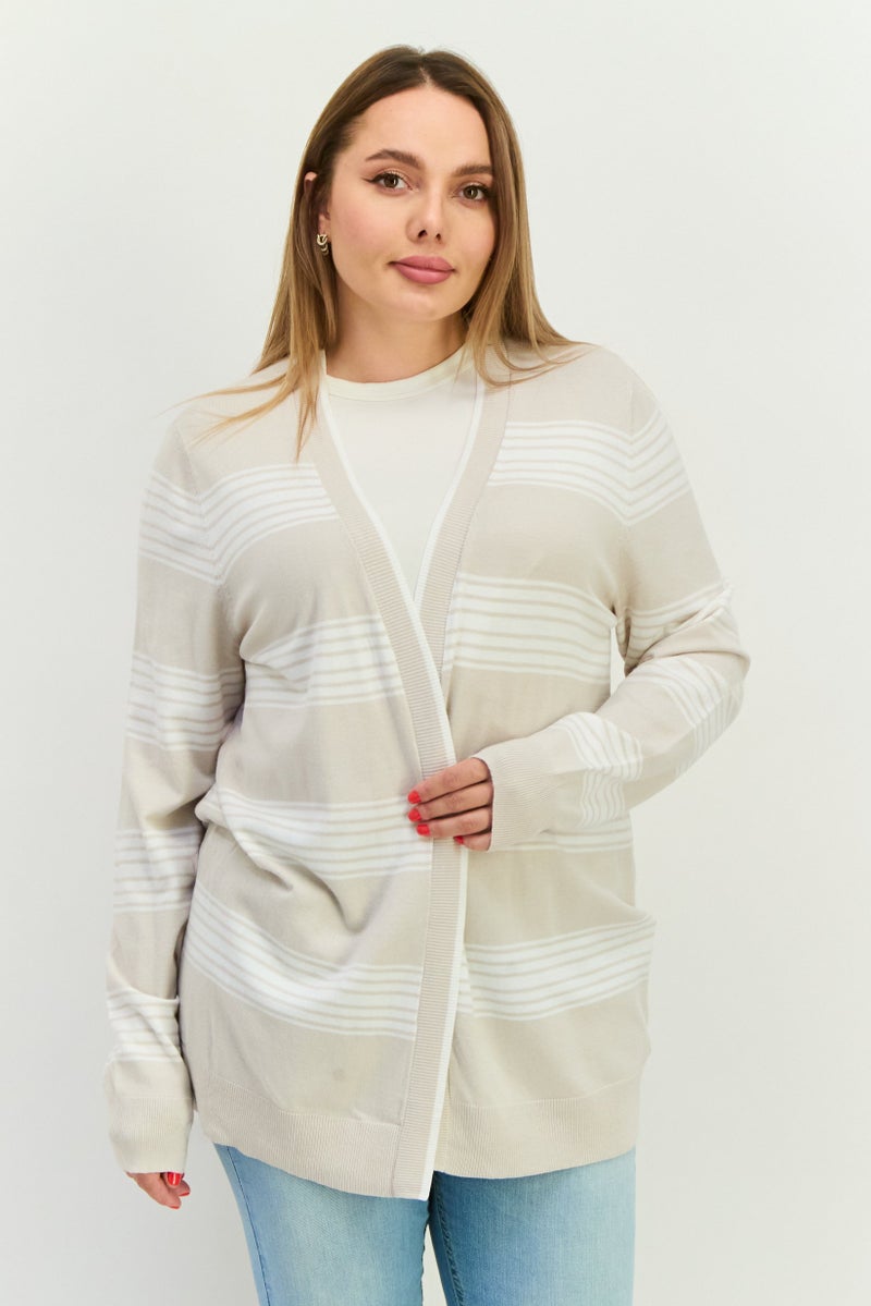 Verve Ami Women Split Neck Stripe Cardigan, Oatmeal Combo  - Image 1