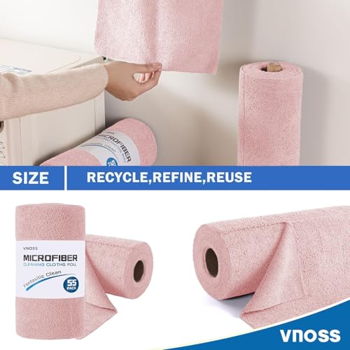Vnoss 55 Pack Microfiber Cleaning Cloth Roll, Tear Away Reusable Towels, 11" X 9", Ultra Absorbent & Lint Free Cloth for Cars, Kitchen, Window, Home and Shop, Pink - Image 2