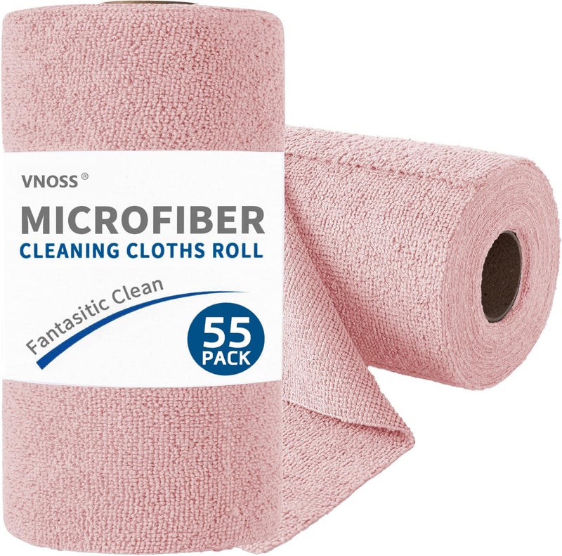Vnoss 55 Pack Microfiber Cleaning Cloth Roll, Tear Away Reusable Towels, 11" X 9", Ultra Absorbent & Lint Free Cloth for Cars, Kitchen, Window, Home and Shop, Pink - Image 1