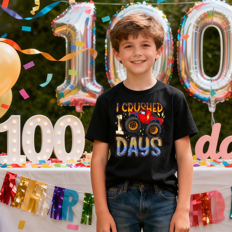 YWAGK 100 Days of School Shirt Boys Kids I Crushed 100th Day of School T-Shirt Toddler Cute Monster Truck Tops Black (9-10 Years) - Image 2