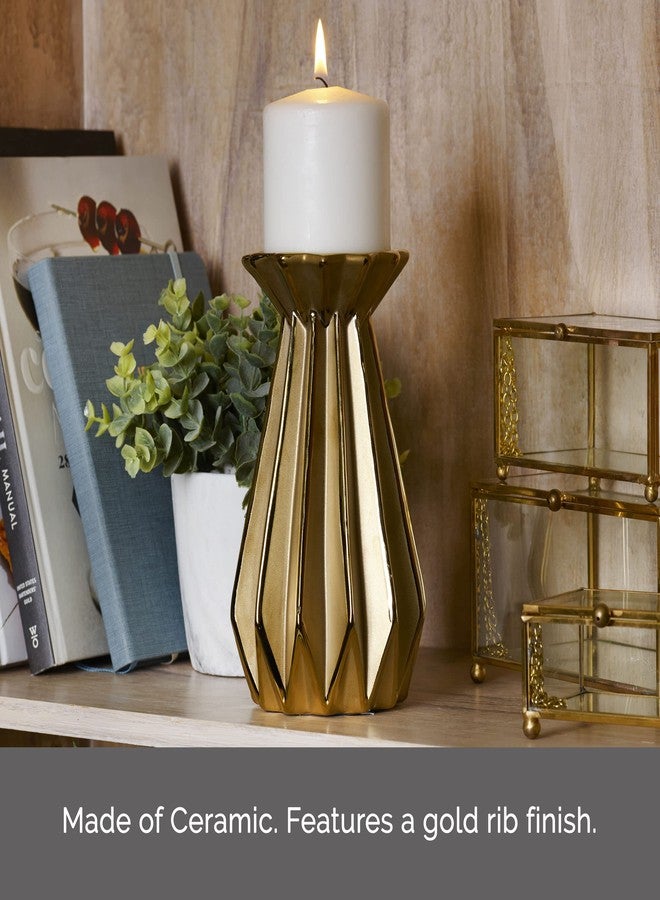 Elements 4.72x4.72x11.42 Inch Gold Ribbed Ceramic Candle Holder, for Use with Pillar Candle - Image 3