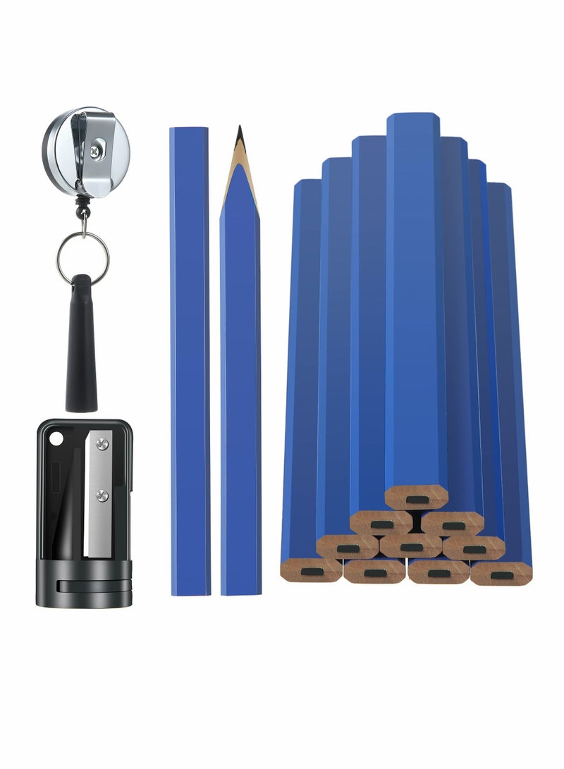 Excefore Carpenter Pencil Set, 6.8" Flat Octagon Hard Black Carpenter Marking Pencil with Sharpener and Silicone Heavy Duty Retractable Pen Holder for Wood Marking Tools - Image 1