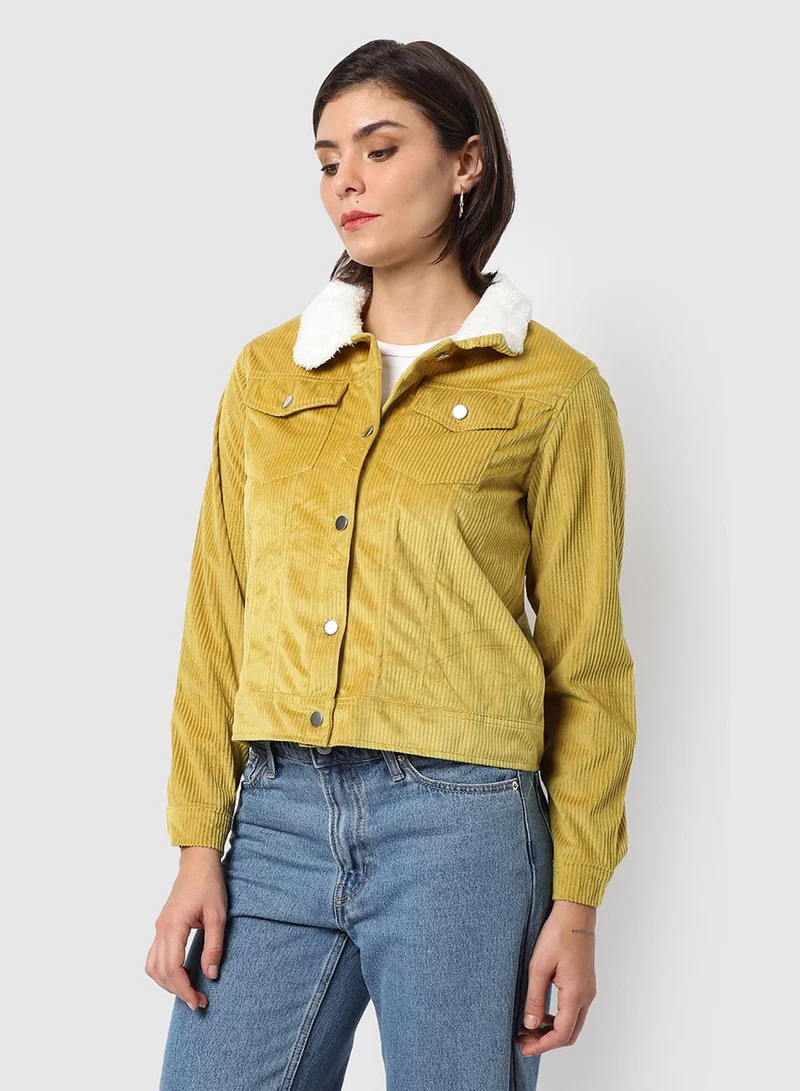 Campus Sutra Women's Mustard Yellow Corduroy Jacket With Fur Details For Casual Wear | Spread Collar  | Long Sleeve | Button Closure | Polycotton Jacket Crafted With Comfort Fit For Everyday Wear