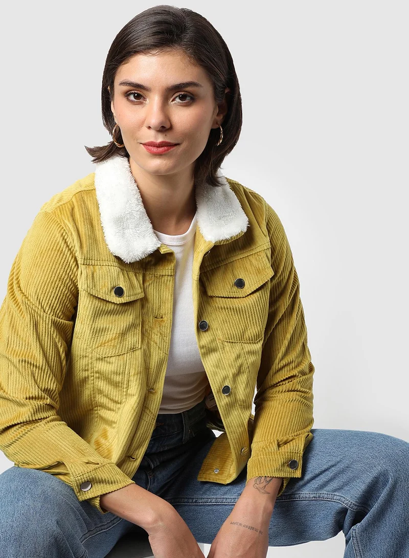 Campus Sutra Women's Mustard Yellow Corduroy Jacket With Fur Details For Casual Wear | Spread Collar  | Long Sleeve | Button Closure | Polycotton Jacket Crafted With Comfort Fit For Everyday Wear