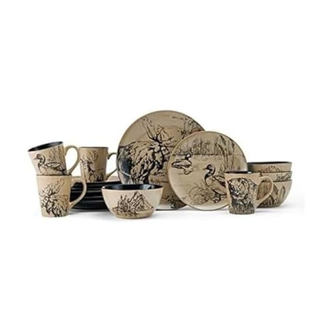 Mossy Oak Animal Print 16 Piece Dinnerware Set, Service for 4, Black and Beige - Image 1