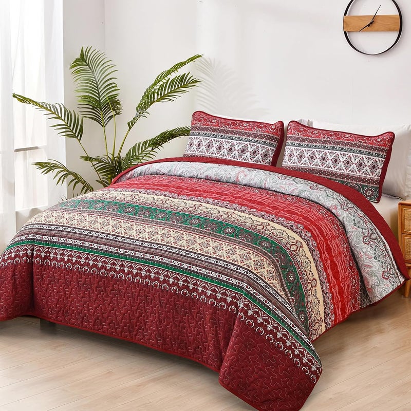 WONGS BEDDING مجموعة أغطية الأسرّة بأسلوب البوهو، حجم كامل، لون أحمر، مجموعة أغطية أسرّة بأسلوب البوهو، غطاء سرير خفيف وناعم جدًا قابل للتحويل، مناسب لجميع المواسم، مقاس 90" × 78" (3 قطعة) - Image 2