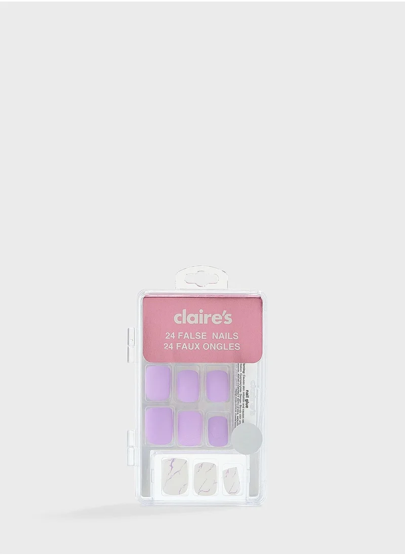 Claires Marble Square Faux Nail Set - Lilac 24 Pack