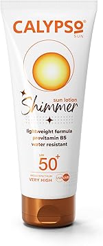 Calypso Shimmer Sun Lotion SPF50 Very High UVA UVB Protection Water Resistant Shimmering Sun Protection for Face and Body 100ml - Image 1