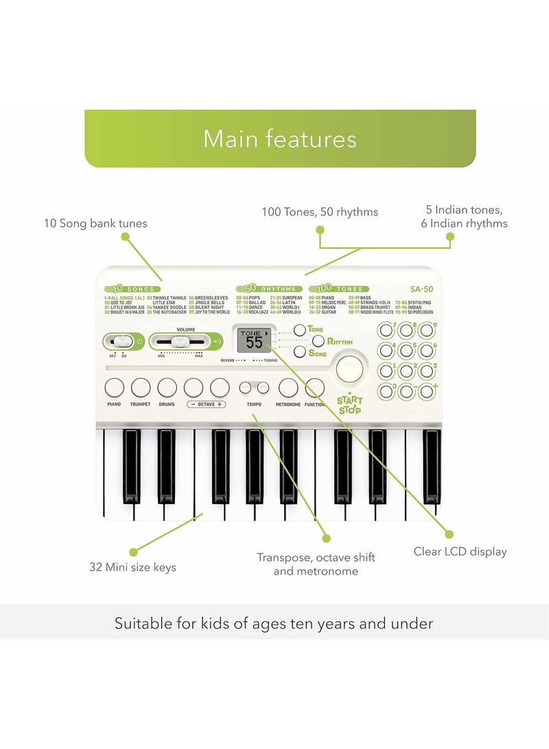 Casiotone Mini Keyboard SA-50 with Piano tones, White (32 Keys) - Image 3