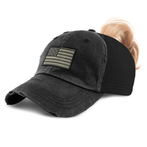 Speedy Pros Womens Ponytail Cap Black White American Flag Embroidery Cotton Messy Bun Distressed Trucker Hats Strap Closure Black Design Only - Image 1