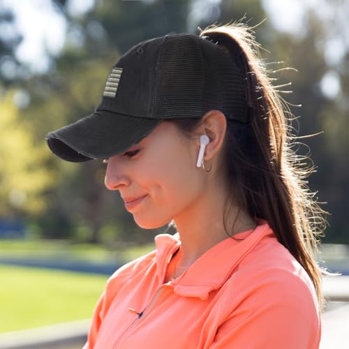 Speedy Pros Womens Ponytail Cap Black White American Flag Embroidery Cotton Messy Bun Distressed Trucker Hats Strap Closure Black Design Only - Image 2