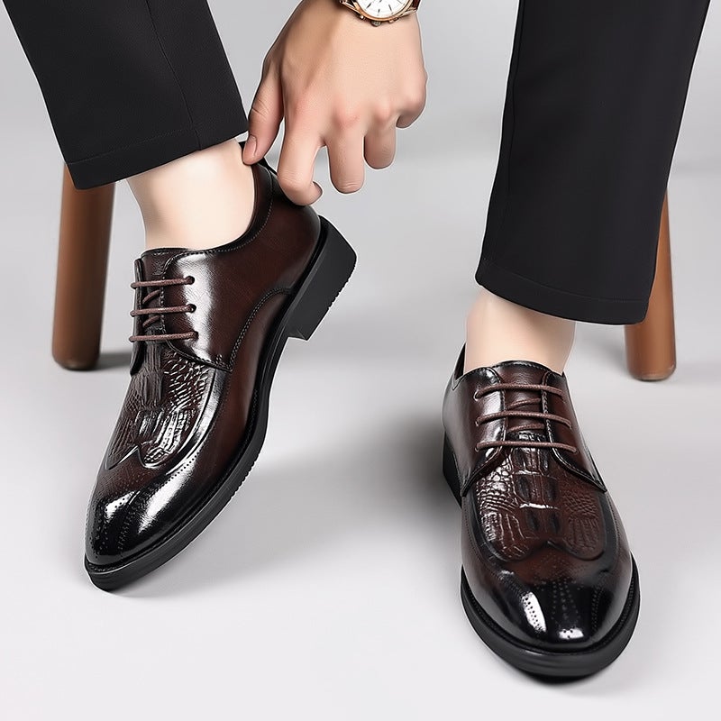 Carved Brogue British Genuine Leather Business Formal Leather Shoes Men'S Lace-Up Derby Shoes Pointed Toe Youth - Image 3