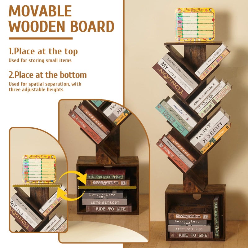 FredCache 7 Tier Tree Book shelf, Small Bookcase with Reading Planner and Activity Panel, Modern Floor Standing Corner Tall Narrow Storage Cabinet Bookshelves for Home Office Bedroom Living Room (Rustic Brown) - Image 2