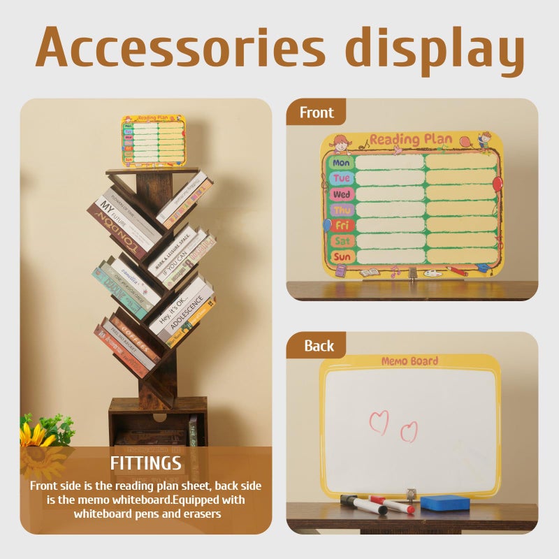 FredCache 7 Tier Tree Book shelf, Small Bookcase with Reading Planner and Activity Panel, Modern Floor Standing Corner Tall Narrow Storage Cabinet Bookshelves for Home Office Bedroom Living Room (Rustic Brown) - Image 3