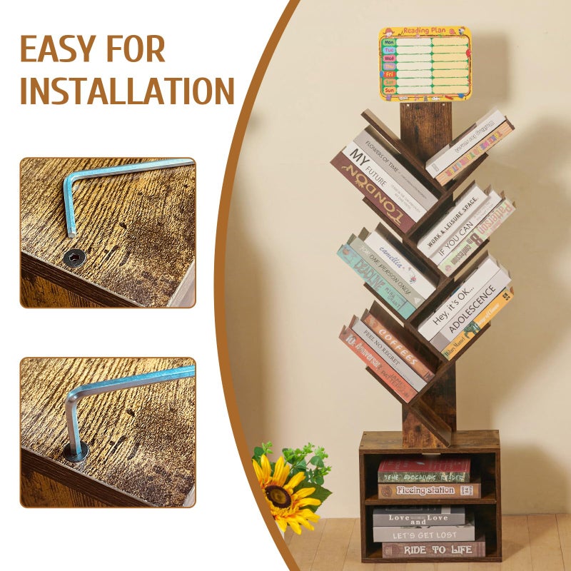 FredCache 7 Tier Tree Book shelf, Small Bookcase with Reading Planner and Activity Panel, Modern Floor Standing Corner Tall Narrow Storage Cabinet Bookshelves for Home Office Bedroom Living Room (Rustic Brown) - Image 4
