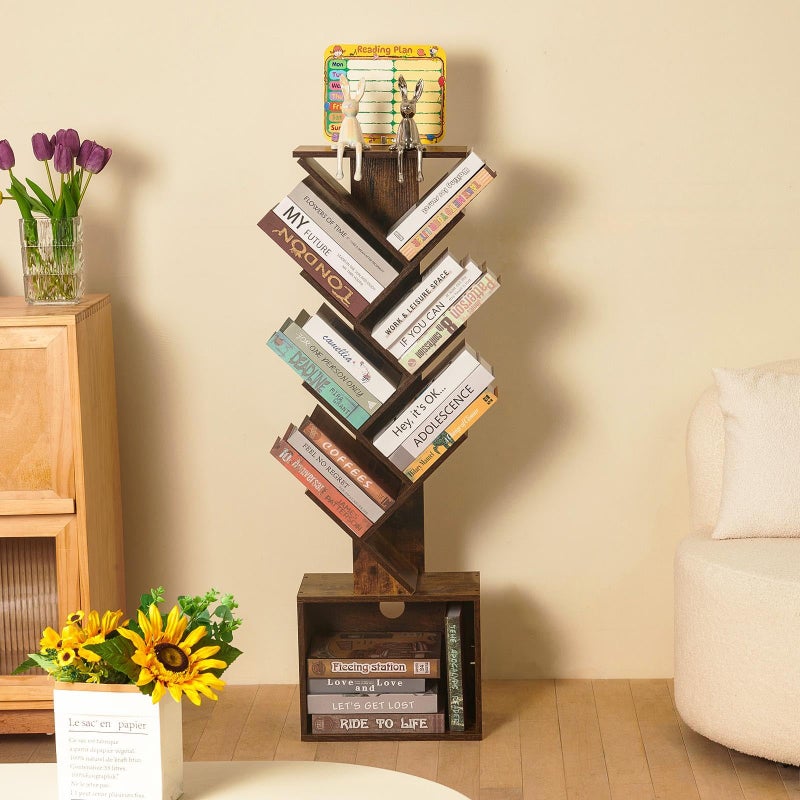 FredCache 7 Tier Tree Book shelf, Small Bookcase with Reading Planner and Activity Panel, Modern Floor Standing Corner Tall Narrow Storage Cabinet Bookshelves for Home Office Bedroom Living Room (Rustic Brown) - Image 1