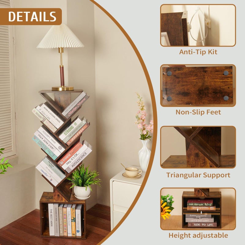 FredCache 7 Tier Tree Book shelf, Small Bookcase with Reading Planner and Activity Panel, Modern Floor Standing Corner Tall Narrow Storage Cabinet Bookshelves for Home Office Bedroom Living Room (Rustic Brown) - Image 5