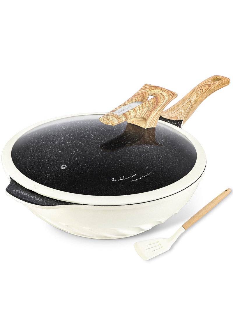 COOKLOVER COOKLOVER Nonstick Woks And Stir Fry Pans Diecast Aluminum Scratch Resistant 100 PFOA Free Induction Wok pan with Lid 126 Inch  Cream White 