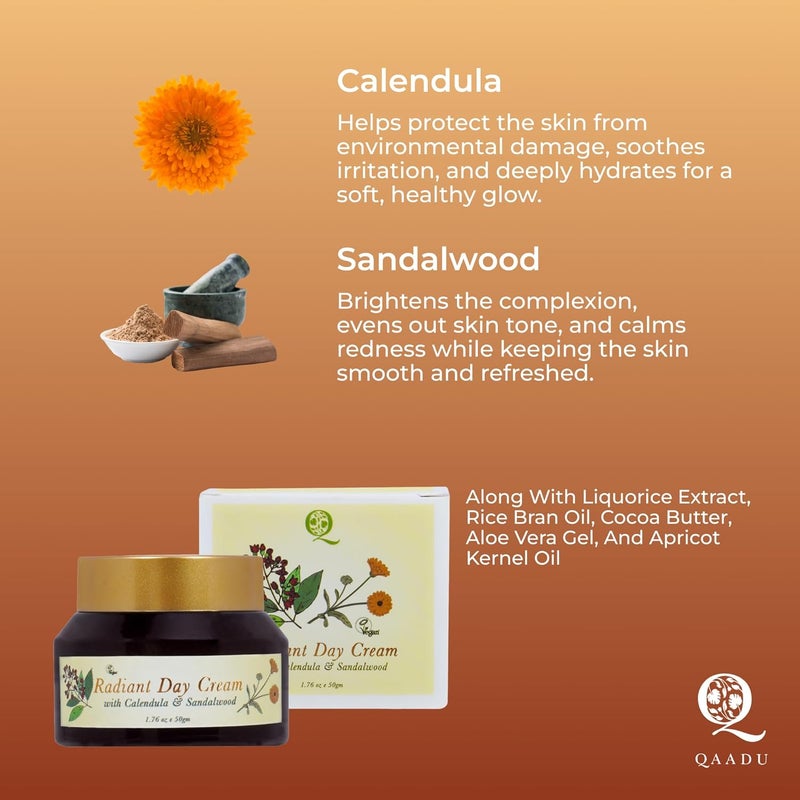 QAADU Brightening Day Cream  Lightweight Formula with Calendula  Sandalwood Extracts  Sun  Pollution Protection  Hydrating Cream for Radiant Youthful Glowing Skin  AntiAging for Dry Skin  50 gm - Image 3