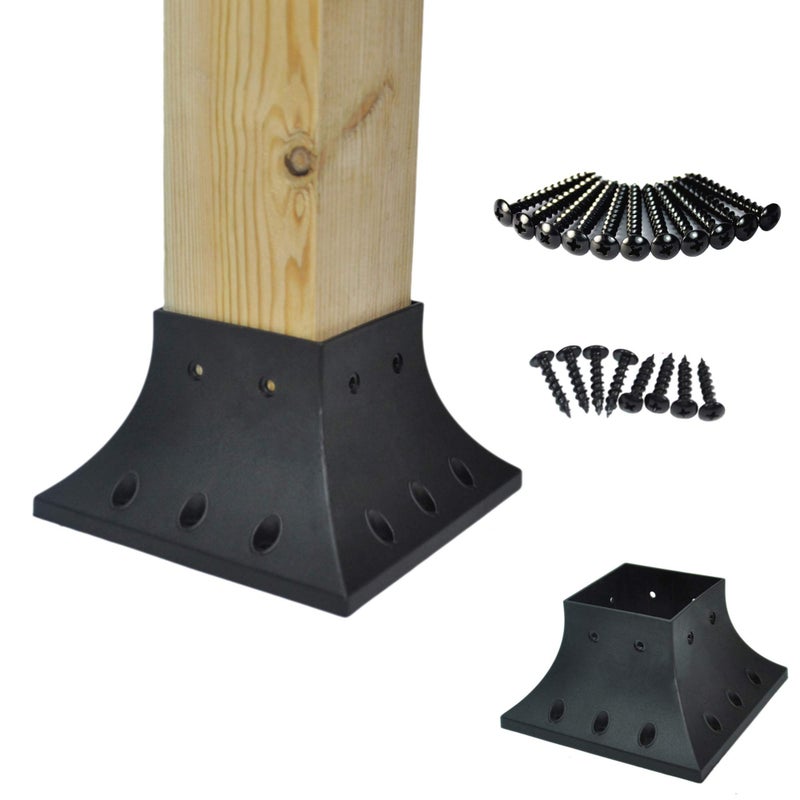 Myard Pnp114040 Myard 4X4 غطاء قاعدة عمود (فعلي 3.5 × 3.5 بوصة) حافة تنورة مع براغي من الفولاذ المقاوم للصدأ دعامة عمود لدعم درابزين الشرفة ودعم مرساة عمود التثبيت (الكمية 1 أسود) - Image 1