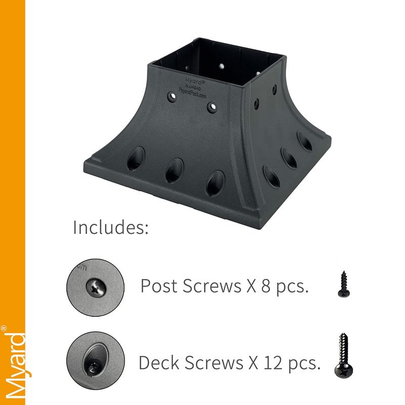 Myard Pnp114040 Myard 4X4 غطاء قاعدة عمود (فعلي 3.5 × 3.5 بوصة) حافة تنورة مع براغي من الفولاذ المقاوم للصدأ دعامة عمود لدعم درابزين الشرفة ودعم مرساة عمود التثبيت (الكمية 1 أسود) - Image 4