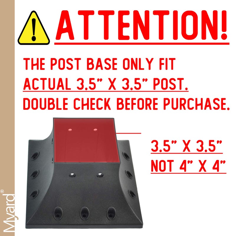 Myard Pnp114040 Myard 4X4 غطاء قاعدة عمود (فعلي 3.5 × 3.5 بوصة) حافة تنورة مع براغي من الفولاذ المقاوم للصدأ دعامة عمود لدعم درابزين الشرفة ودعم مرساة عمود التثبيت (الكمية 1 أسود) - Image 2