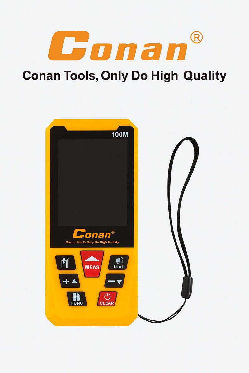 Conan Laser Distance Meter – Model COL610 – 100M Range – Distance, Area, Volume, and Indirect Measurement – ±2mm Accuracy – Backlit LCD Display – Yellow - Image 1