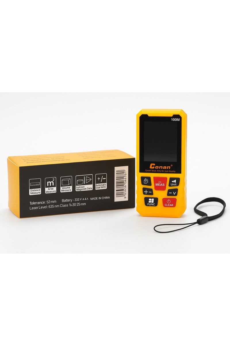 Conan Laser Distance Meter – Model COL610 – 100M Range – Distance, Area, Volume, and Indirect Measurement – ±2mm Accuracy – Backlit LCD Display – Yellow - Image 2