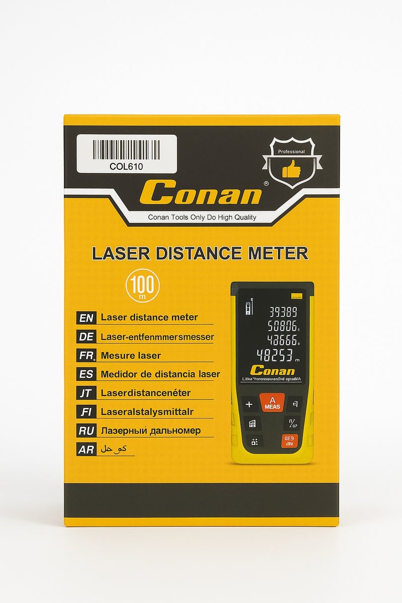 Conan Laser Distance Meter – Model COL610 – 100M Range – Distance, Area, Volume, and Indirect Measurement – ±2mm Accuracy – Backlit LCD Display – Yellow - Image 3