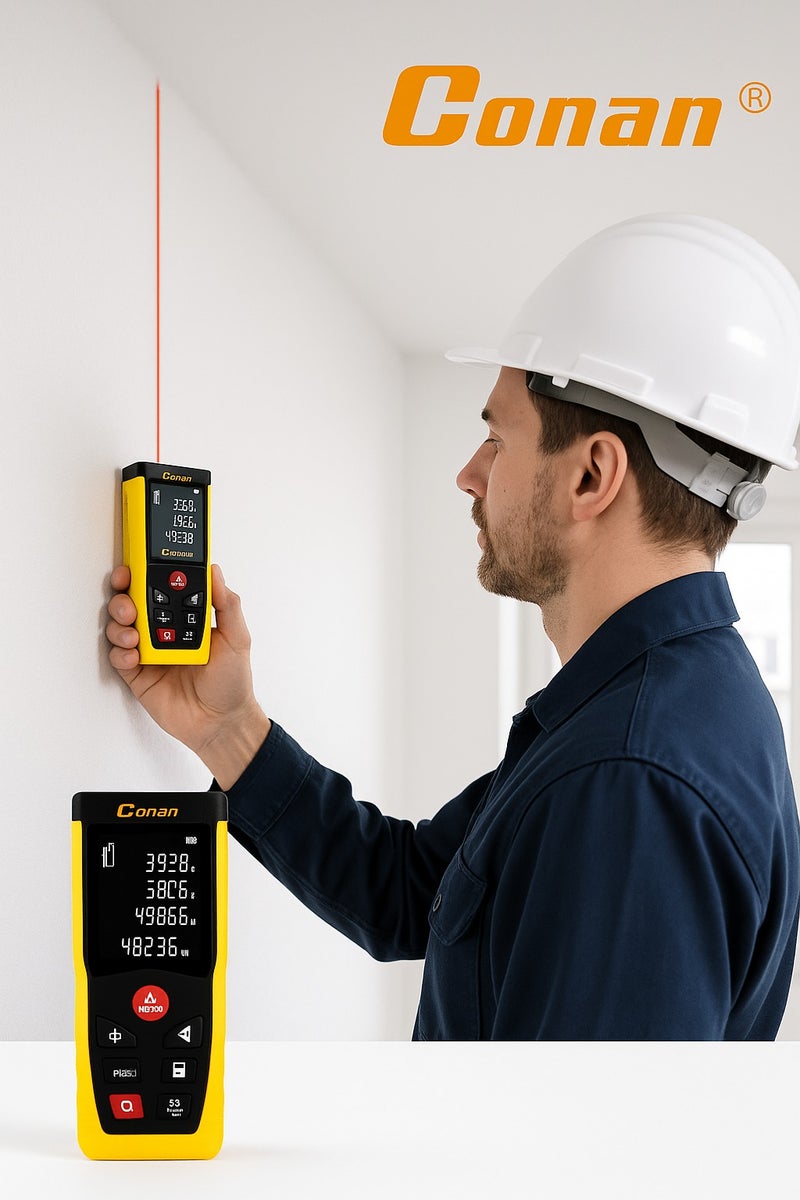 Conan Laser Distance Meter – Model COL610 – 100M Range – Distance, Area, Volume, and Indirect Measurement – ±2mm Accuracy – Backlit LCD Display – Yellow - Image 4