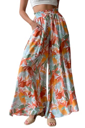 YOCUR Summer Beach Vacation Pants High Waisted Wide Leg Pants for Women Printed Loose Flowy Palazzo Lounge Trousers Orange XXL - Image 1