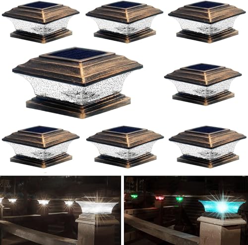 HUYIENO Solar Post Cap Lights Outdoor LED Lighting Deck Fence Light Two Modes Warm White/7 RGB Color Changing Suitable for 4x4 5x5 Wooden Posts (Brushed Copper, 8pk), HY1238 - Image 1