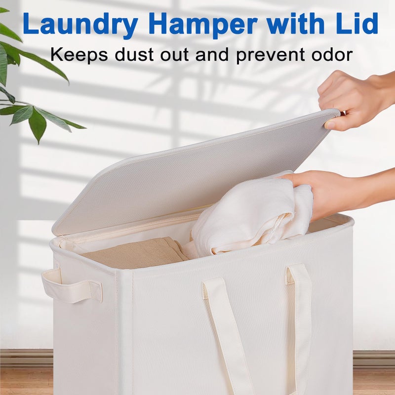 Vincona Slim Laundry Hamper with Lid and Wheels, Small Rolling Laundry Basket with Handle for Small Spaces, Tall Dirty Clothes Hampers for Dorm, Bathroom and Bedroom, 75L, Beige - Image 3