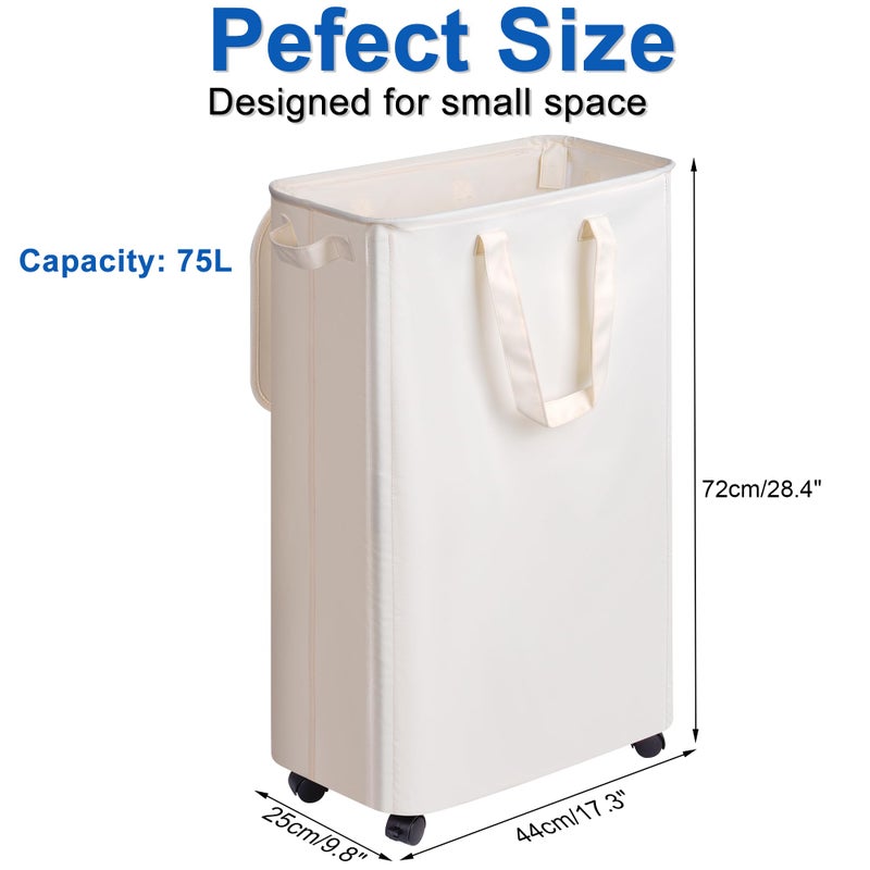 Vincona Slim Laundry Hamper with Lid and Wheels, Small Rolling Laundry Basket with Handle for Small Spaces, Tall Dirty Clothes Hampers for Dorm, Bathroom and Bedroom, 75L, Beige - Image 5