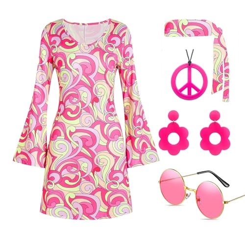 Deerjoke 60s 70s Disco Outfit Hippie Costume Women, 1970 Style Clothes Dress Accessories Jewelry Halloween (Pink, Large) - Image 1