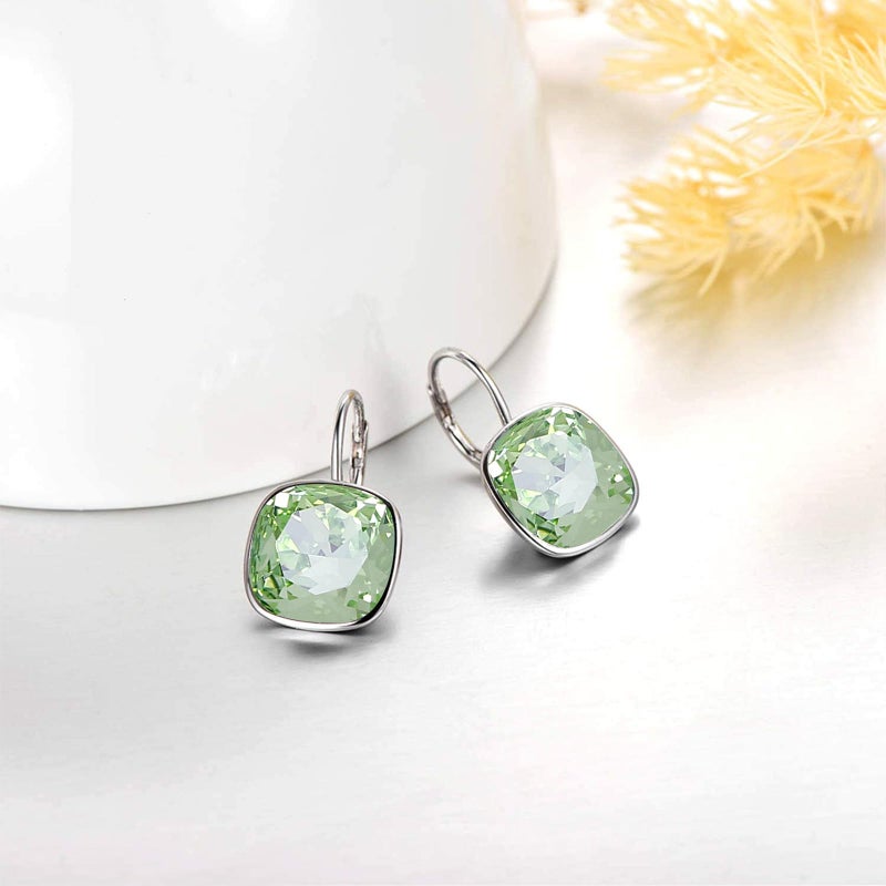 AOBOCO Sterling Silver Leverback Earrings Embellished with Crystals from Austria, Hypoallergenic Cushion Cut Square Crystal Earrings, Fine Anniversary Birthday Jewelry Gifts for Women (Light Green) - Image 4
