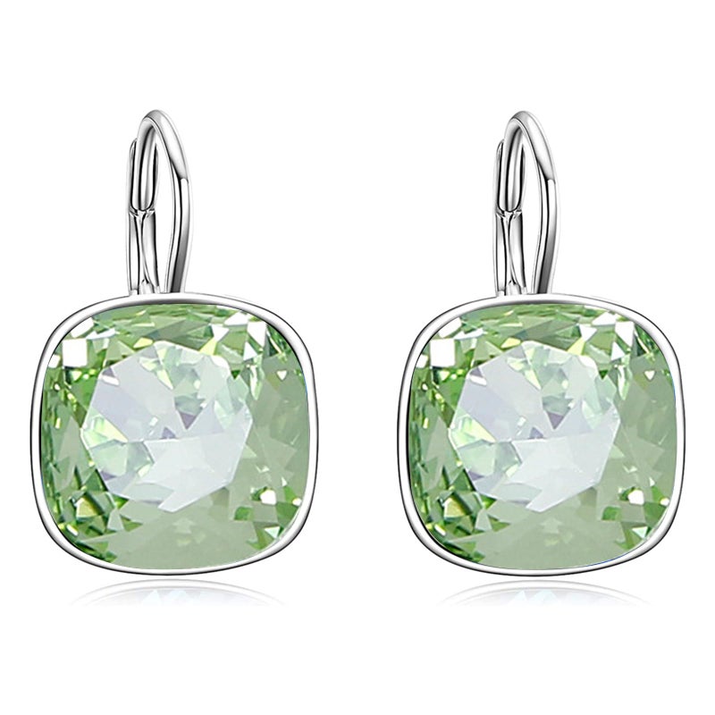AOBOCO Sterling Silver Leverback Earrings Embellished with Crystals from Austria, Hypoallergenic Cushion Cut Square Crystal Earrings, Fine Anniversary Birthday Jewelry Gifts for Women (Light Green) - Image 1