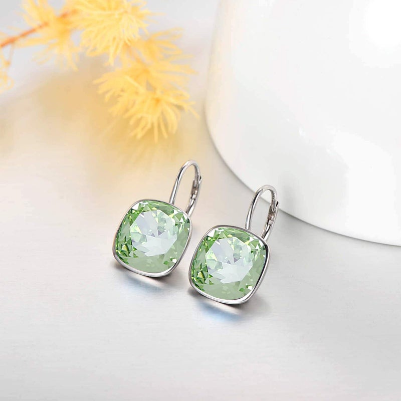 AOBOCO Sterling Silver Leverback Earrings Embellished with Crystals from Austria, Hypoallergenic Cushion Cut Square Crystal Earrings, Fine Anniversary Birthday Jewelry Gifts for Women (Light Green) - Image 3