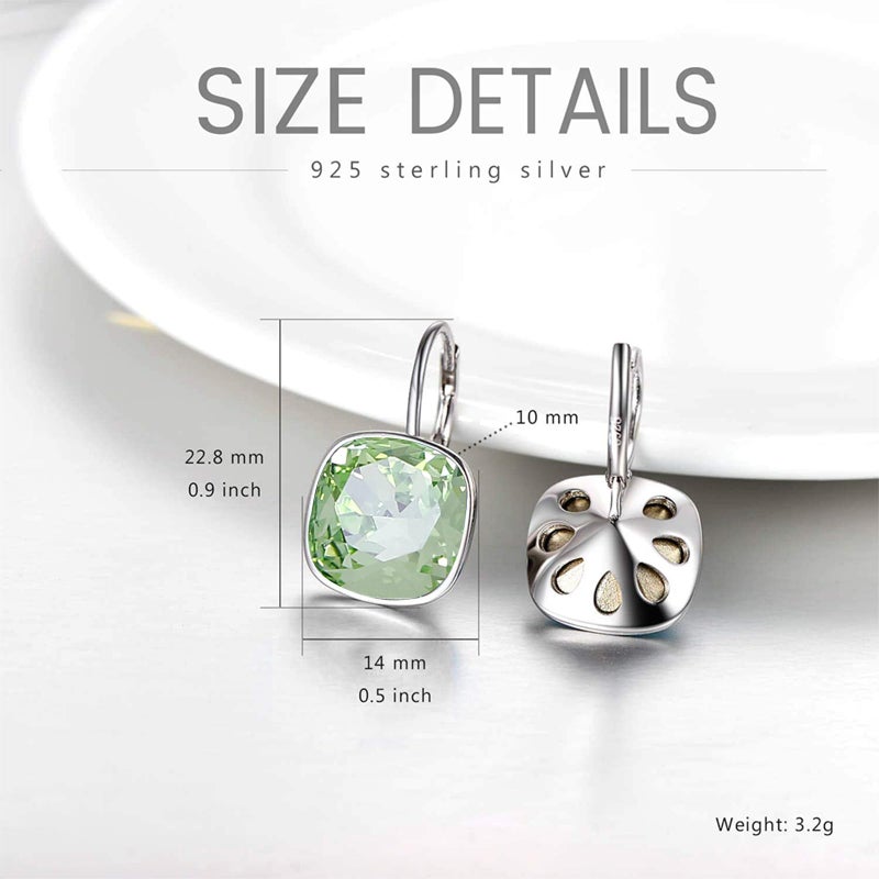 AOBOCO Sterling Silver Leverback Earrings Embellished with Crystals from Austria, Hypoallergenic Cushion Cut Square Crystal Earrings, Fine Anniversary Birthday Jewelry Gifts for Women (Light Green) - Image 5